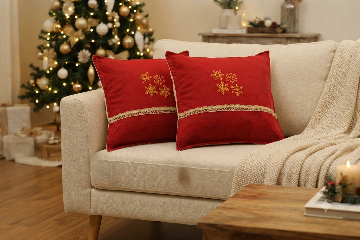 Red Christmas Snowflake Cushion Cover – 16 × 16 Inch | Decorative Cushion Cover |
