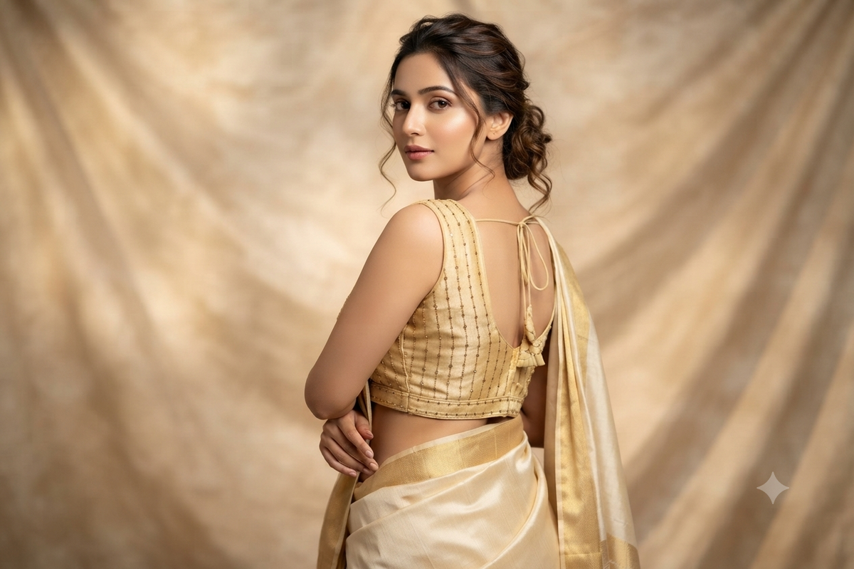 Golden Semi-Silk Padded Readymade Saree Blouse with Vertical Sequins Strips & Dori Tie-Up