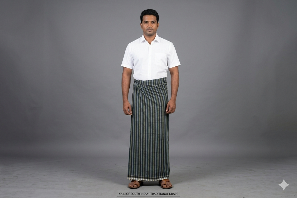 Premium Handwoven 2.10m Kaili Lungi – Classic Indigo & Olive Striped Cotton