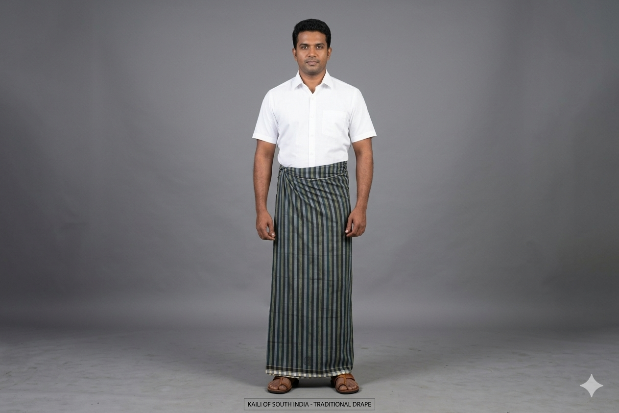 Premium Handwoven 2.10m Kaili Lungi – Classic Indigo & Olive Striped Cotton