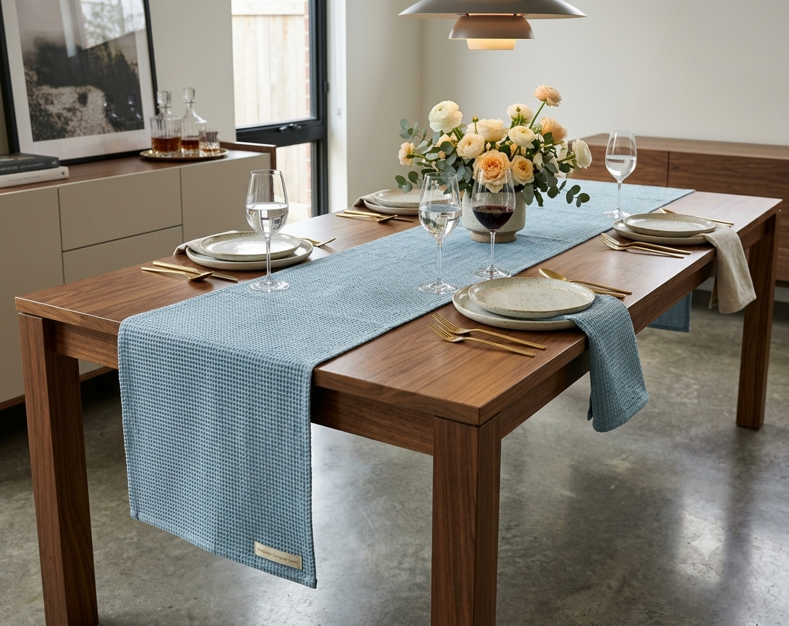 Sky Blue Textured Cotton Table Runner – 1.88 M x 32 cm