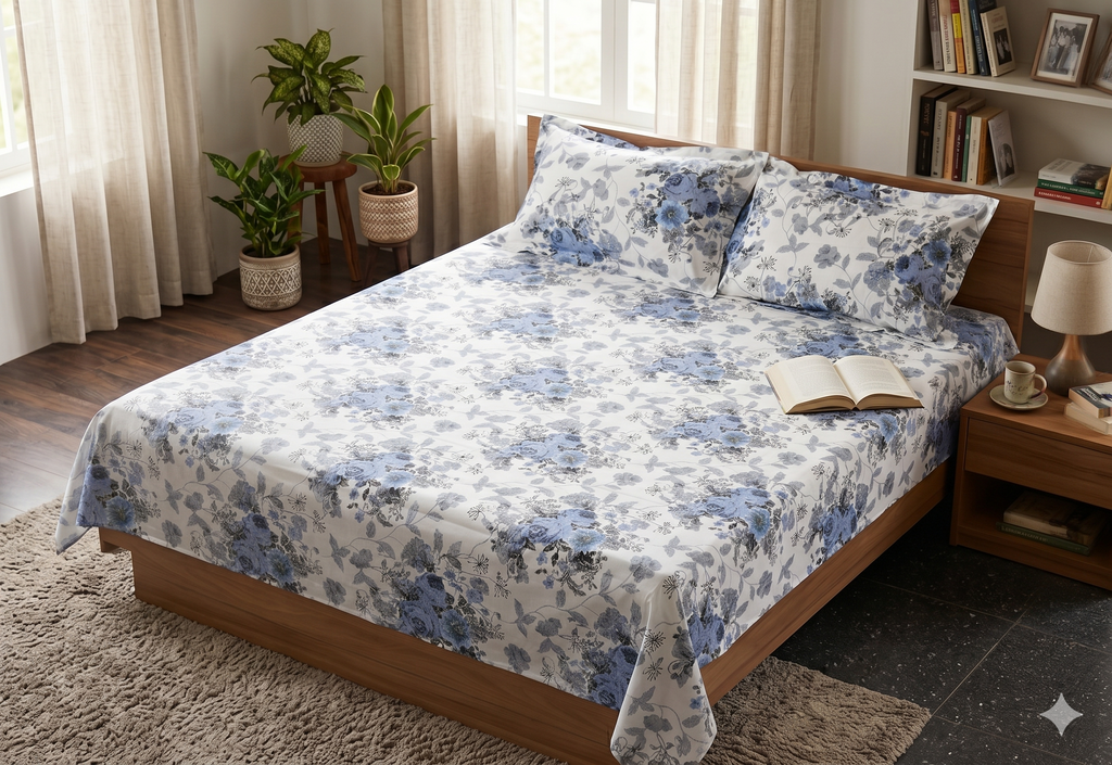 Elegant Blue Floral Queen Size Bedsheet with 2 Pillow Covers