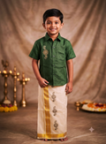 Kids Onam Dark Green Shirt & Traditional Kasavu Dhoti Combo Set | Festive Ethnic Wear for Boys
