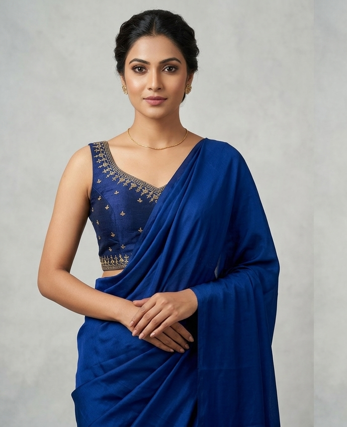 Navy Blue Chanderi Silk Embroidered Saree Blouse for Women | Ready-to-Wear Padded Blouse | Sleeves Inside