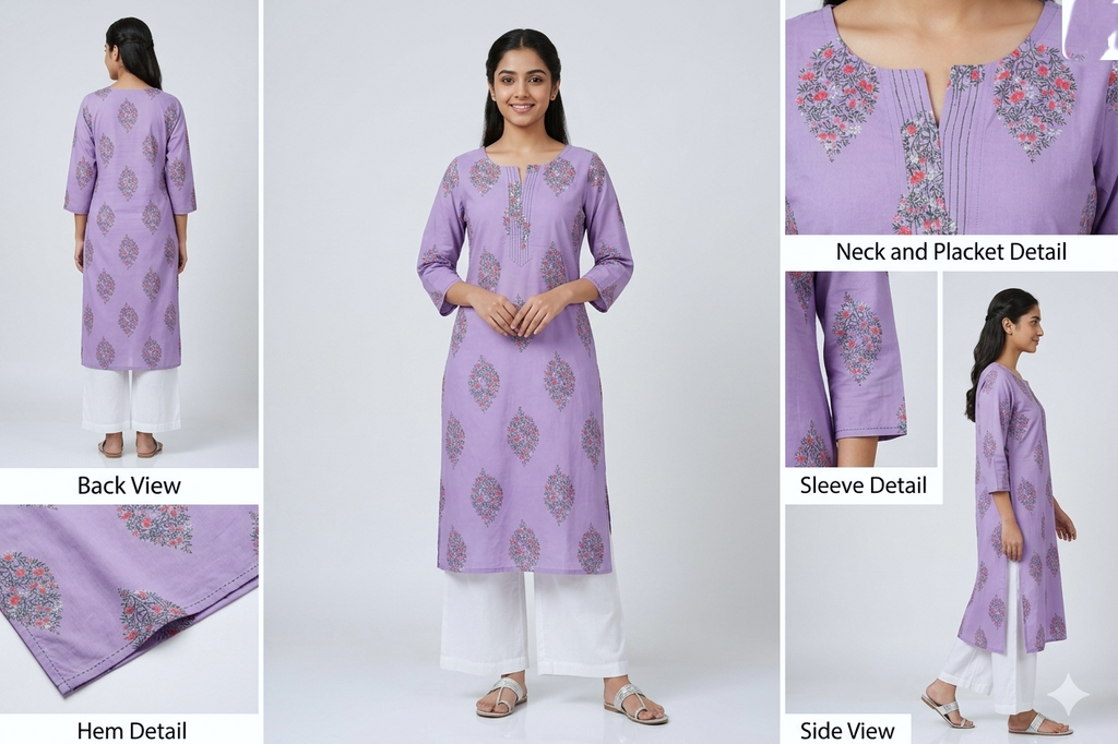 Lavender Floral Block Print Cotton Kurti Top with Pintuck Neckline