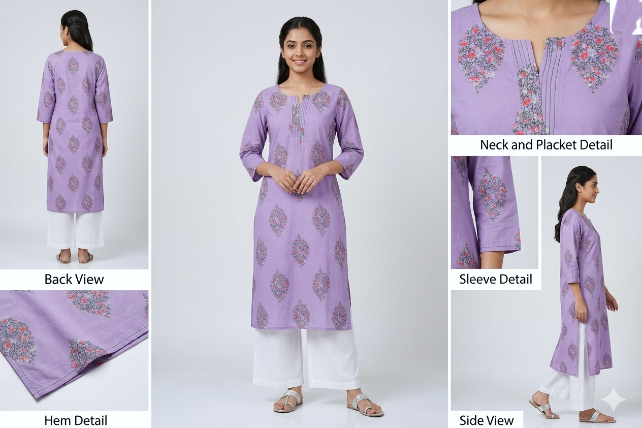 Lavender Floral Block Print Cotton Kurti Top with Pintuck Neckline