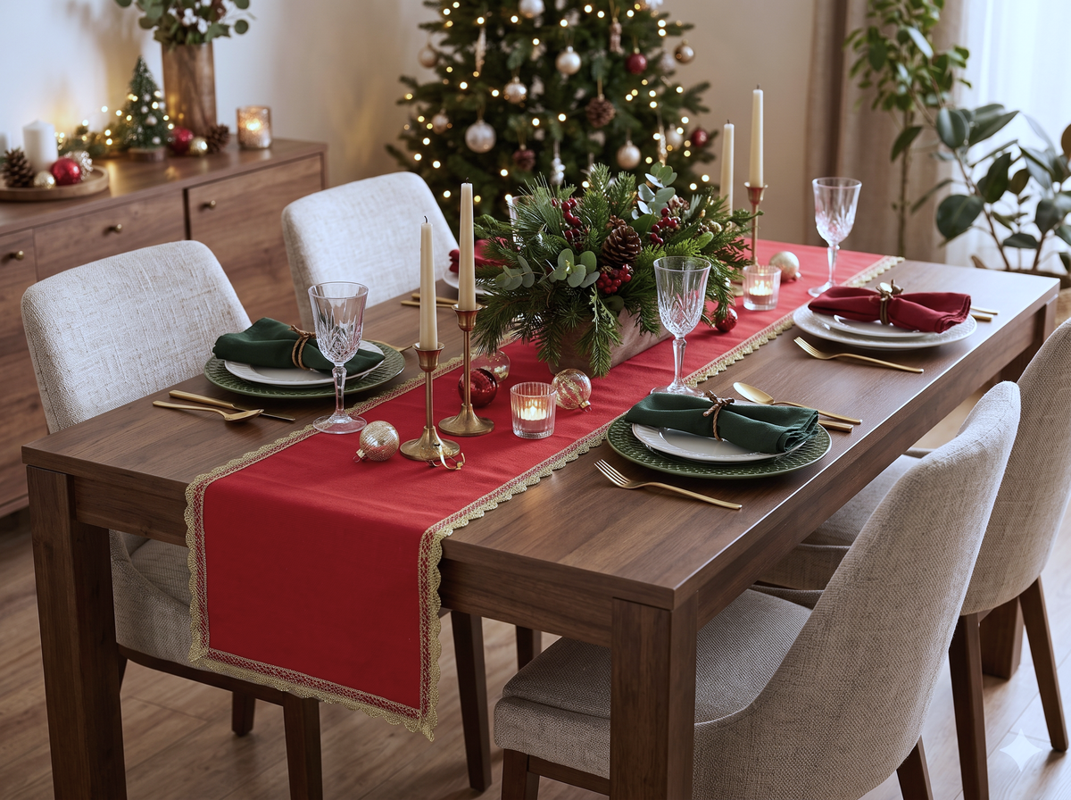 Red Decorative Table Runner with Golden Lace Border – 150 × 35 cm