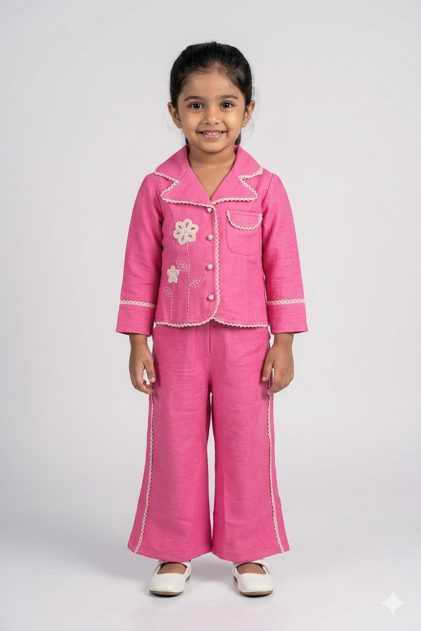 Girls Pink Floral Embroidered Co-Ord Set | Stylish Shirt & Wide-Leg Pant Set for Kids