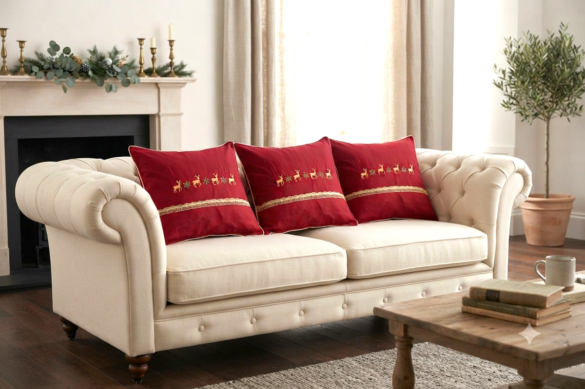 Red Decorative Cushion Cover with Gold Deer & Floral Embroidery – 16×16 Inch