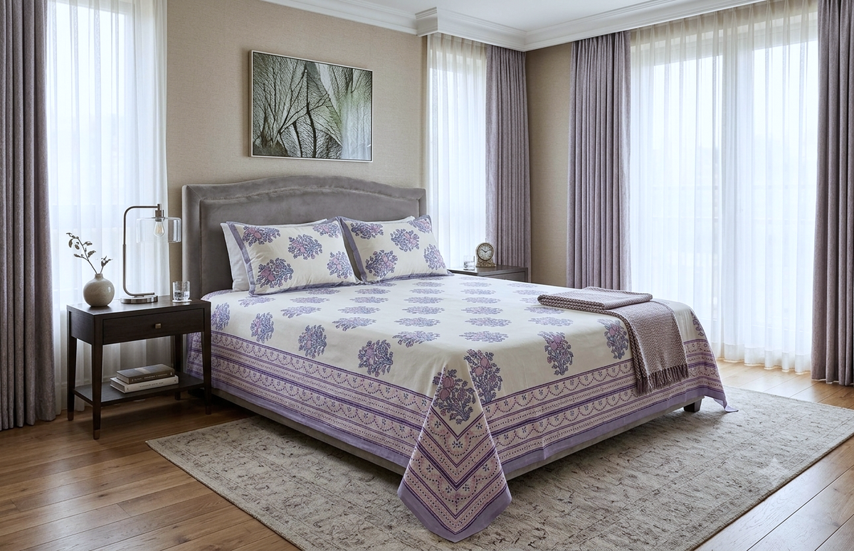 Queen Size Cotton Bedspread | Floral Printed Bed Cover with Border Design