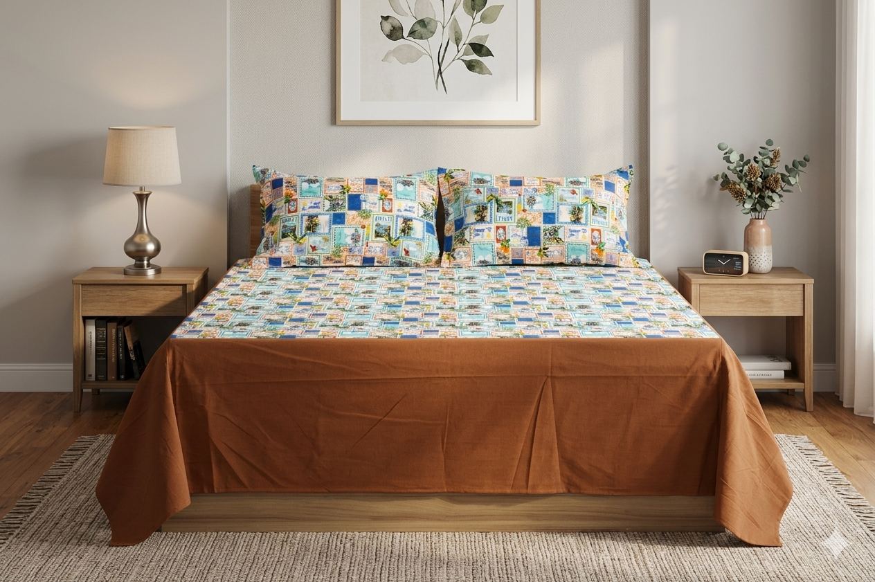 Rustic Travel Patchwork King Size Bedsheet with Pillow Covers