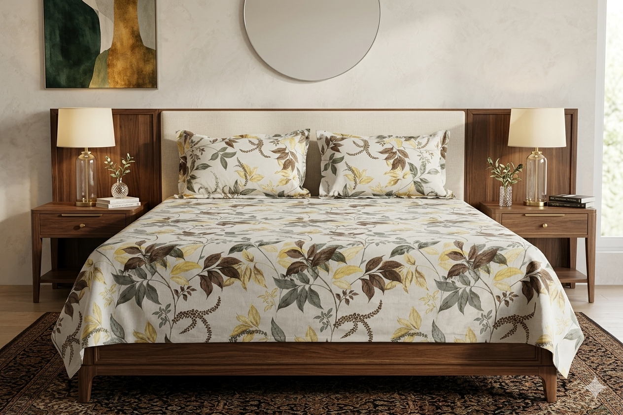 Autumn Leaf Floral Queen Size Bedsheet with Pillow Covers