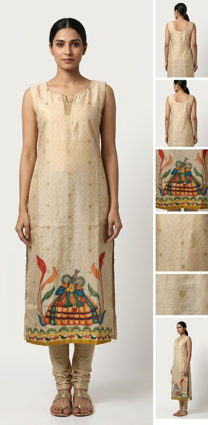 Women's Cream Ethnic Printed Sleeveless Kurti Top | Traditional Art Design | Straight Fit