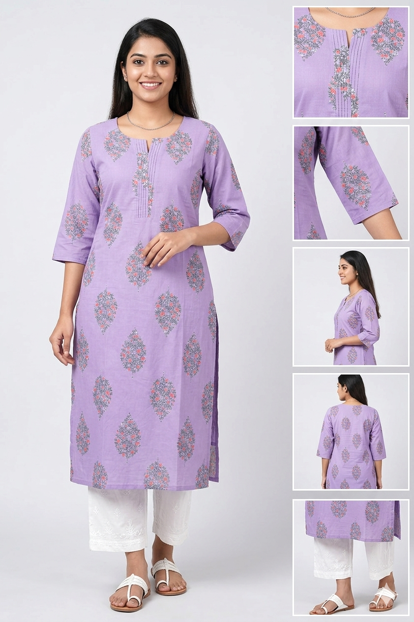 Lavender Floral Block Print Cotton Kurti Top with Pintuck Neckline