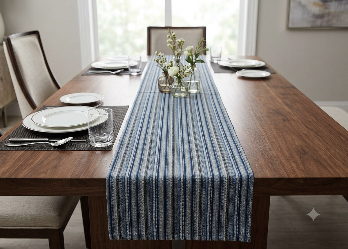 Blue & White Striped Table Runner – 118 × 33 cm
