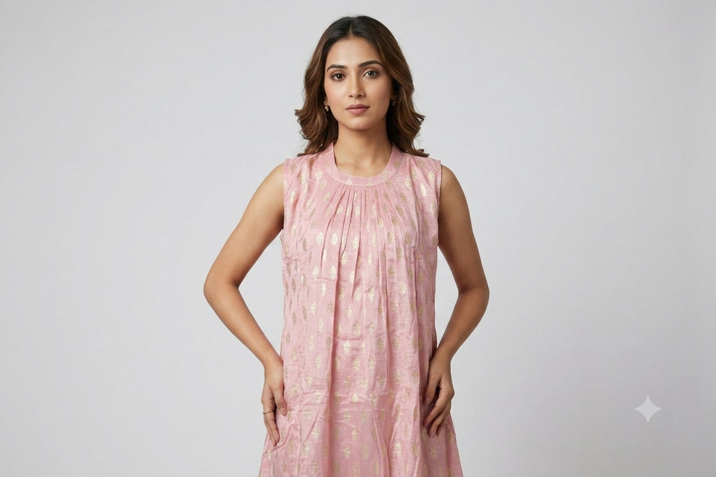 Women's Pink Foil Print Sleeveless Churidar a line Top with Sleeve Material | Ethnic Kurti Top Only