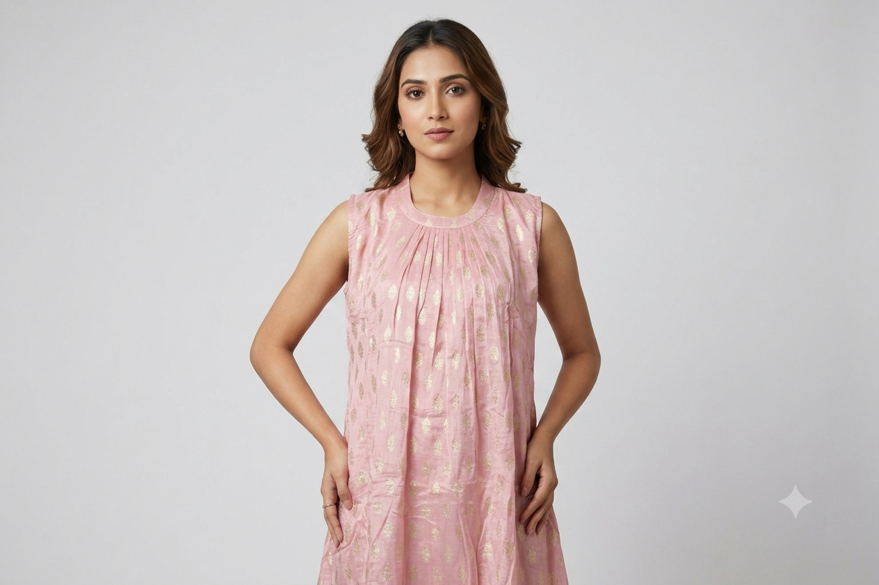 Women's Pink Foil Print Sleeveless Churidar a line Top with Sleeve Material | Ethnic Kurti Top Only