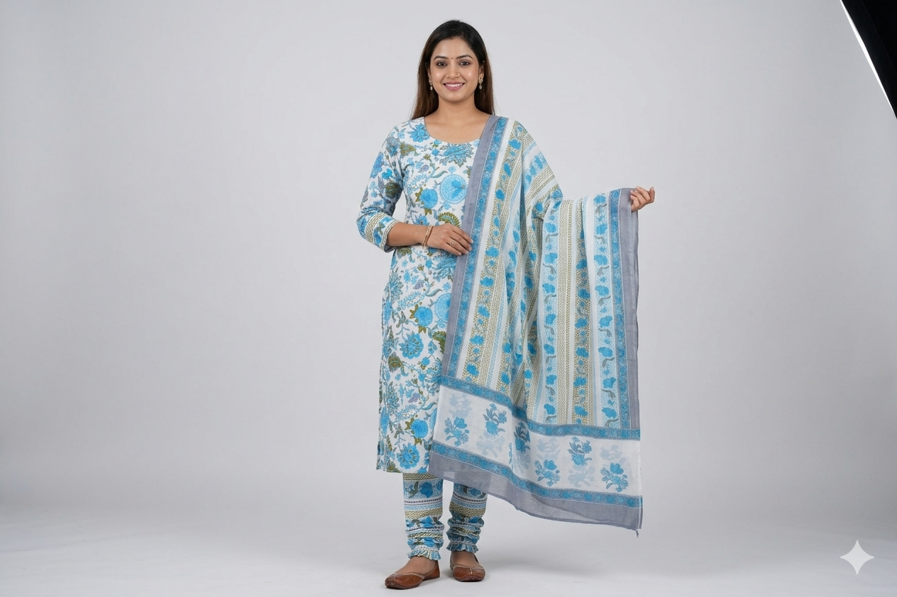 Sky Blue Floral Soft Cotton Dress Material Set with Dupatta – 44" Width