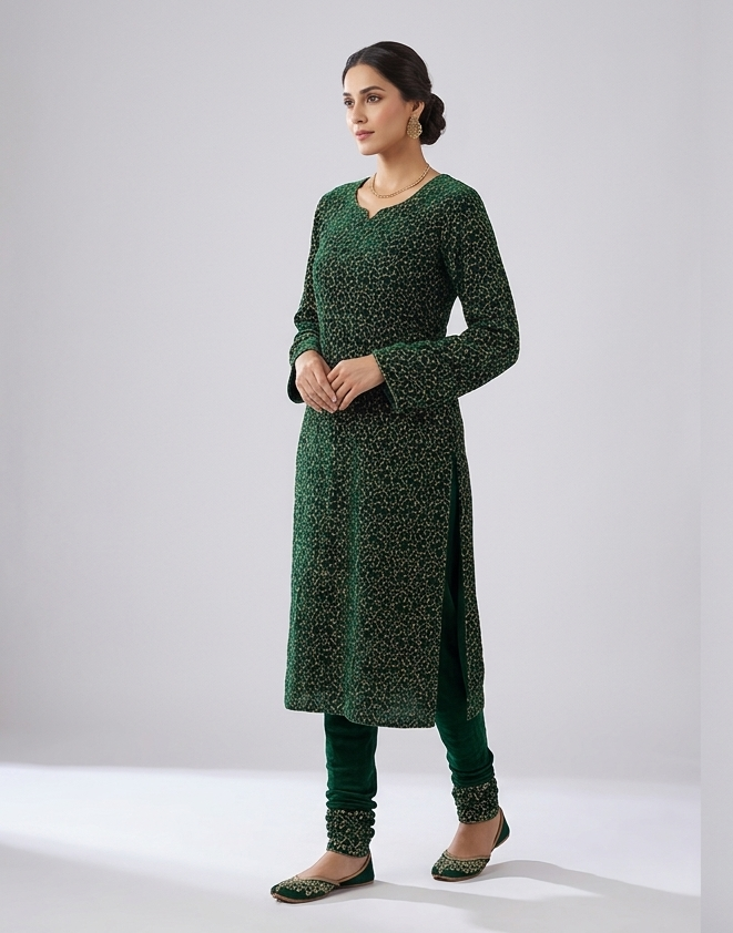 Elegant Dark Green Embroidered Velvet Dress Material Set (Top & Bottom)