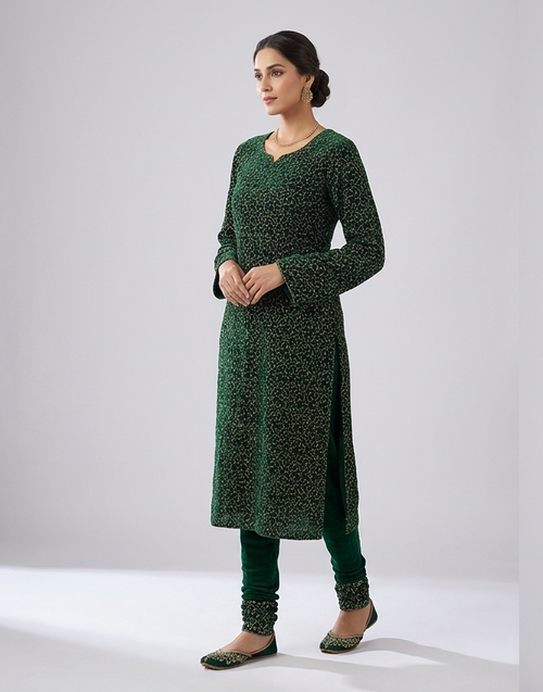 Elegant Dark Green Embroidered Velvet Dress Material Set (Top & Bottom)