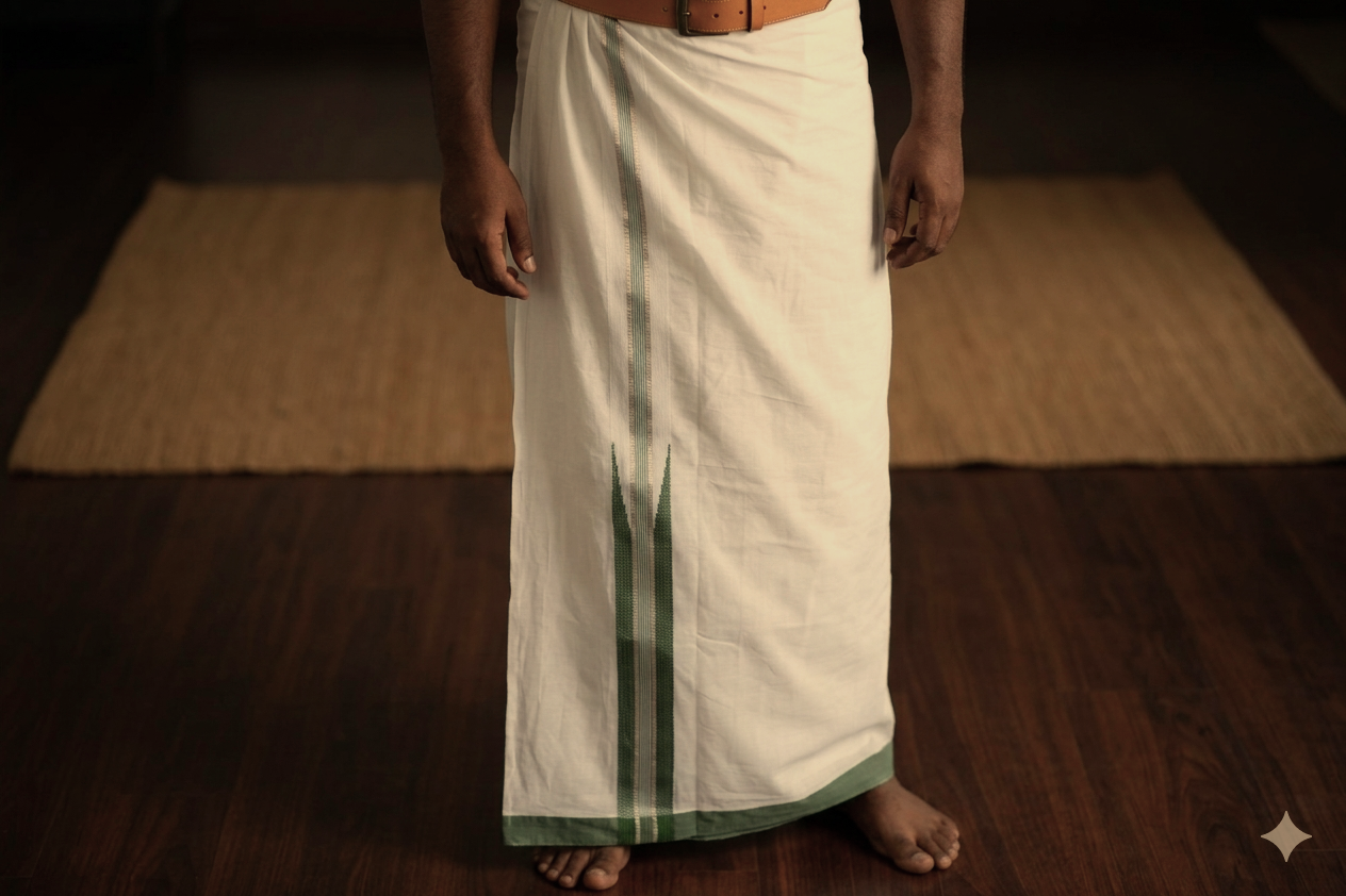 Premium White Cotton Double Mundu with Green Kasavu Border
