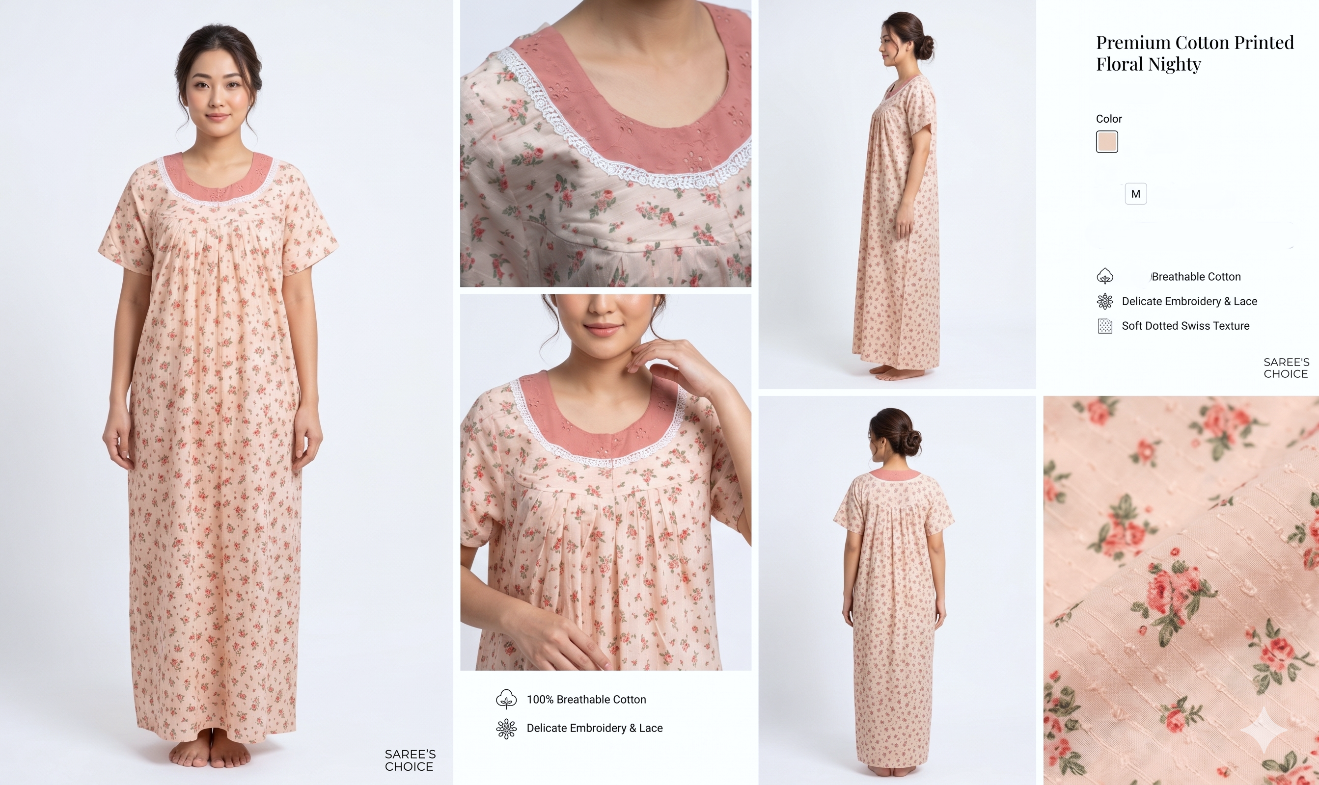 Elegant Floral Print Cotton Nighty with Embroidered Neckline - Peach