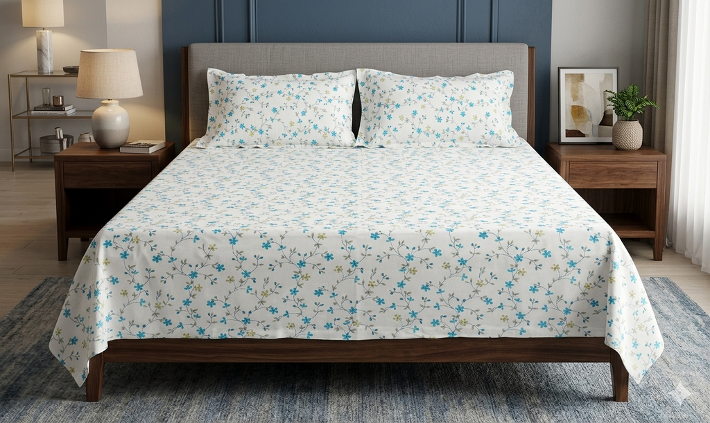 Blue Floral Queen Size Cotton Bedsheet with Pillow Covers