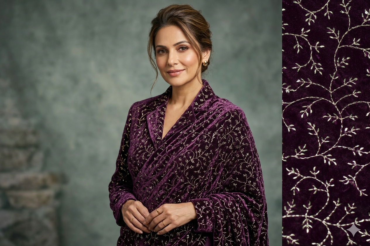 Elegant Wine Purple Velvet Dress Material with Delicate Embroidery – 44" Width (Top 2.5 m)