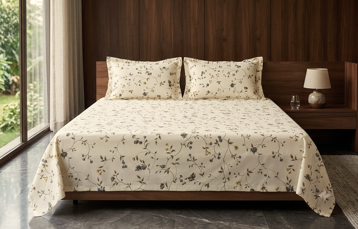 queen Size Cotton Blend Floral Printed Bedsheet – 90 × 100 Inches