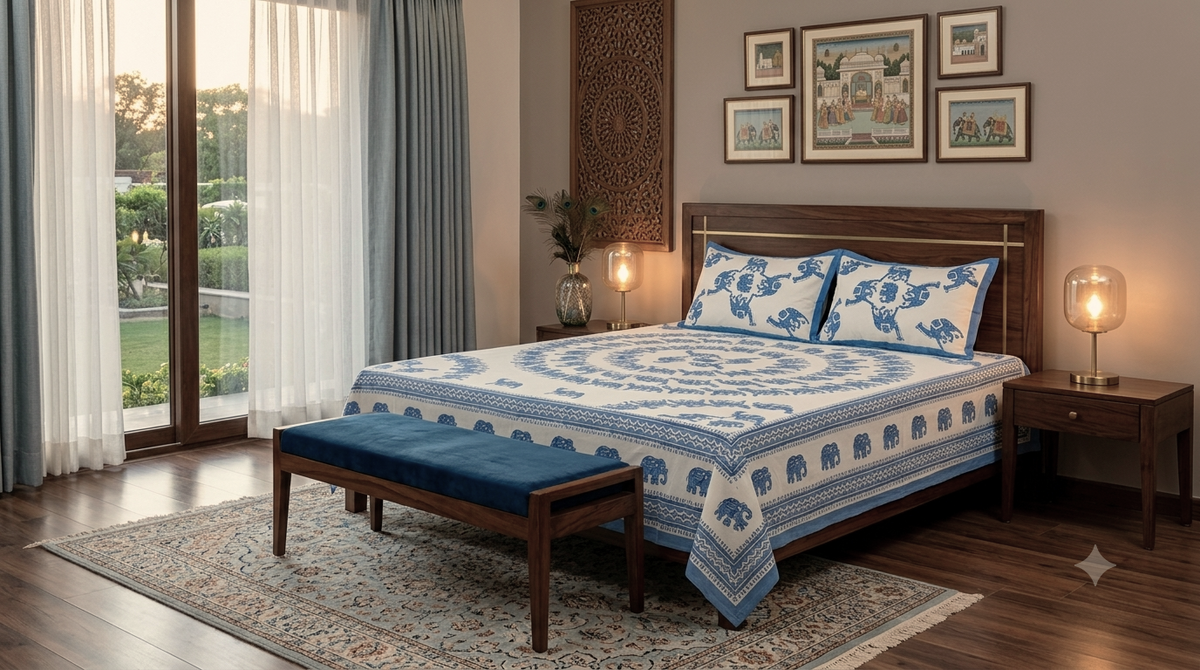 Queen Size Cotton Bedspread 90 × 100 Inches – Blue Elephant Printed Design