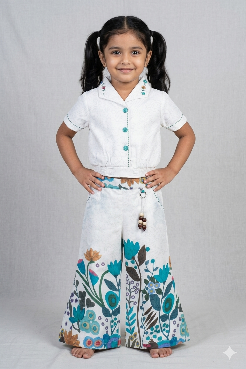 Girls Floral Printed Co-Ord Set with Crop Shirt & Wide-Leg Pants – White & Blue