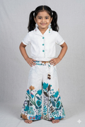 Girls Floral Printed Co-Ord Set with Crop Shirt & Wide-Leg Pants – White & Blue