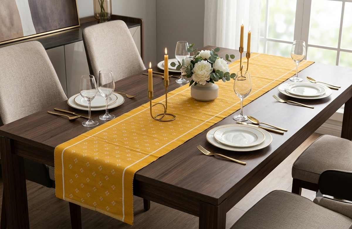 Mustard Yellow Cotton Table Runner with White Floral Motifs – 118 × 33 cm