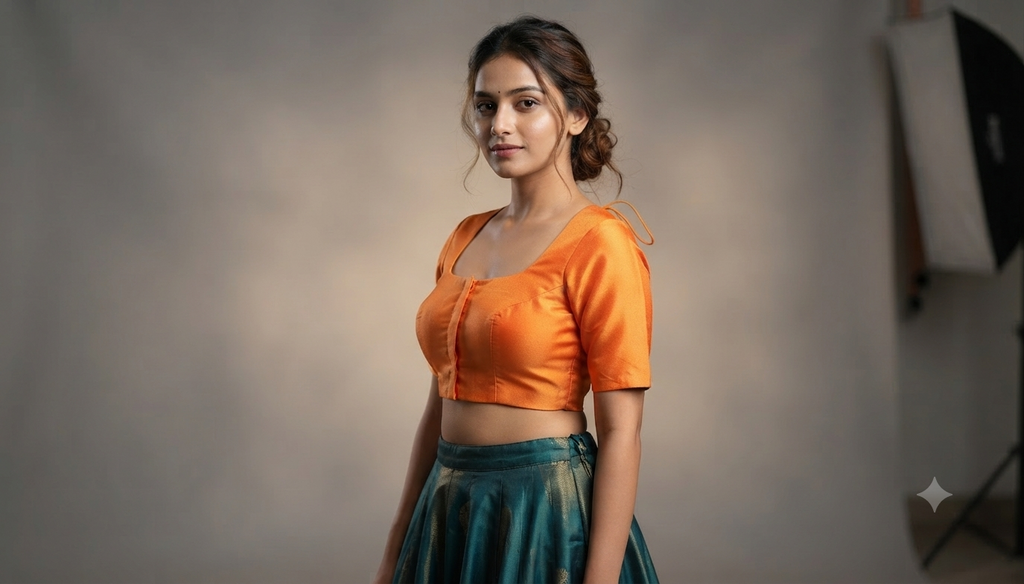 Orange Chanderi Silk Front Open Saree Blouse | Readymade Padded Blouse for Saree & Midi | Half Sleeve