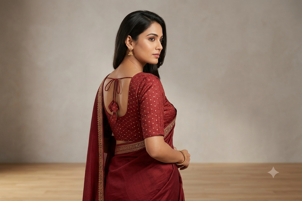 Women's Chanderi Silk Saree Blouse | Front Open Readymade Blouse | Maroon with Gold Butti Design | Padded | Elbow Sleeves