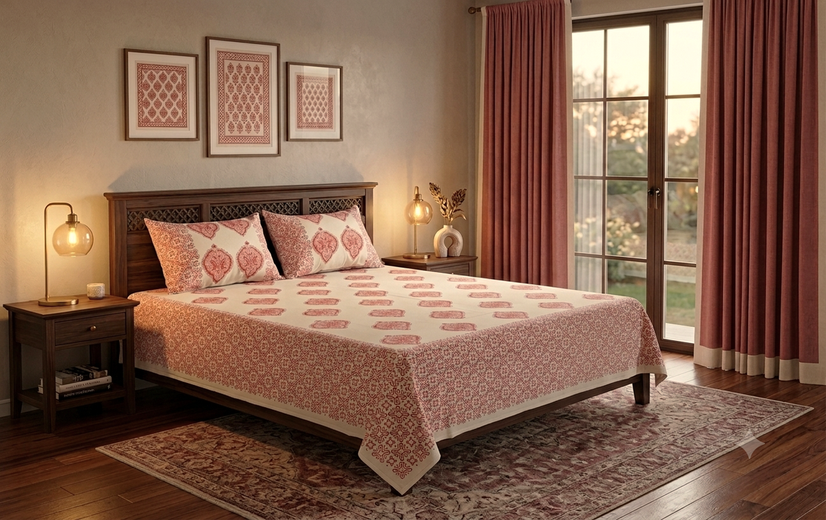 Queen Size Cotton Bedspread 90 × 100 Inches – Peach Floral & Traditional Printed Design