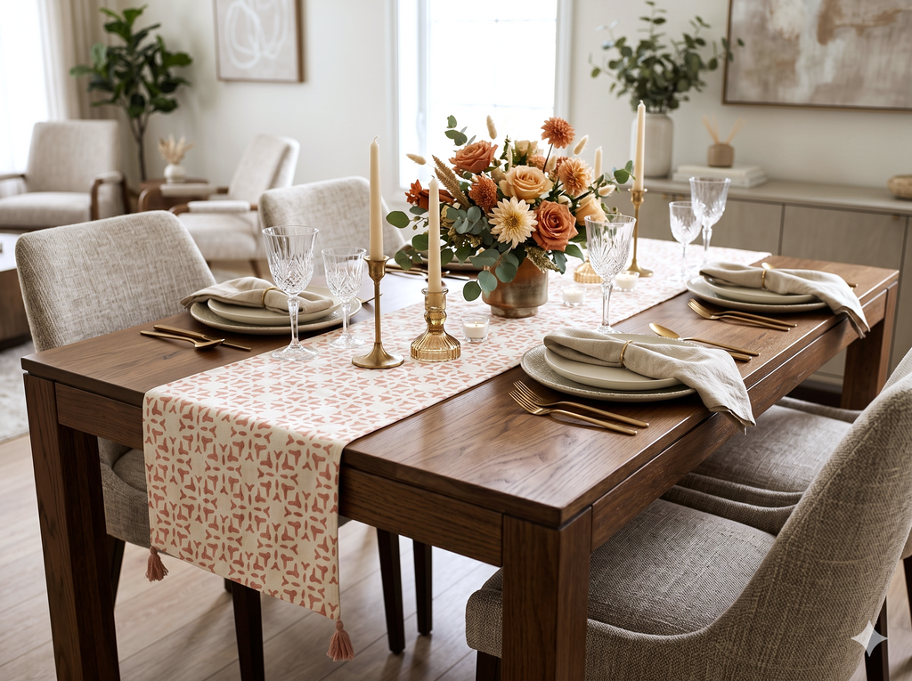 Cream Printed Table Runner with Decorative Tassels – 180 × 35 cm
