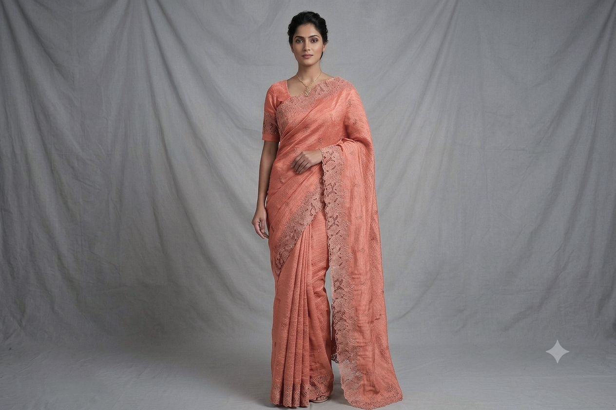 Elegant Crushed Organza Saree with Floral Lace Border – Premium Party & Occasion Wear