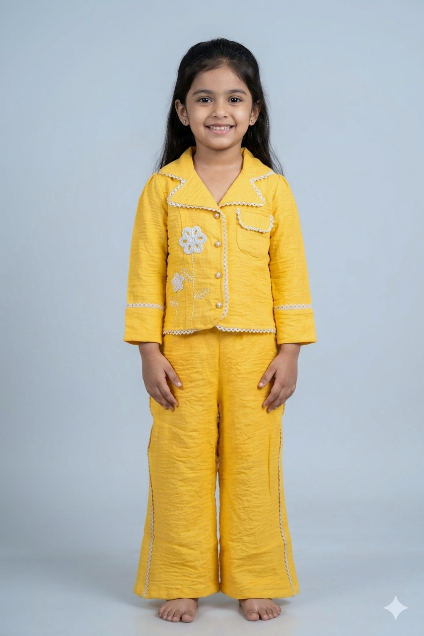 Girls Yellow Floral Embroidered Co-Ord Set for Kids | Stylish Jacket & Wide-Leg Pants Set