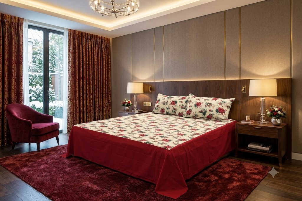 King Size Cotton Bedspread – Red Floral Print with Red Border | 100 × 110 Inches