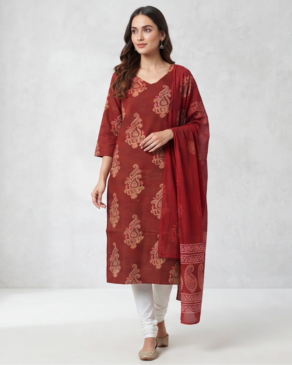 Women's Maroon Paisley Print Churidar Top | V-Neck | 3/4 Sleeves |&Casual &Ethnic Kurti (Top Only)