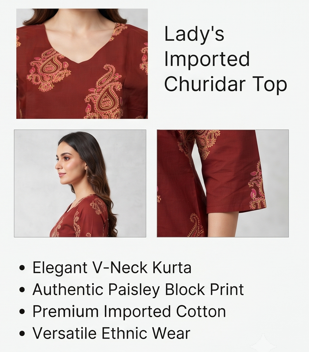 Women's Maroon Paisley Print Churidar Top | V-Neck | 3/4 Sleeves |&Casual &Ethnic Kurti (Top Only)