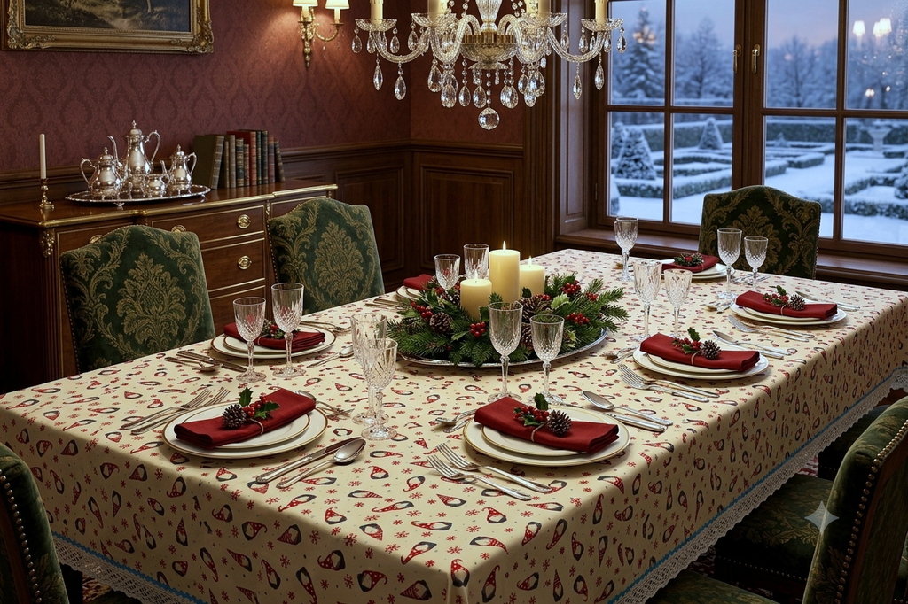 Christmas Gnome & Snowflake Printed Table Cloth with White Lace – Nushio by Pulpel
