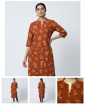 Women's Rust Brown Printed Cotton Blend Churidar Top | 3/4 Sleeves | Straight Fit | Top Only