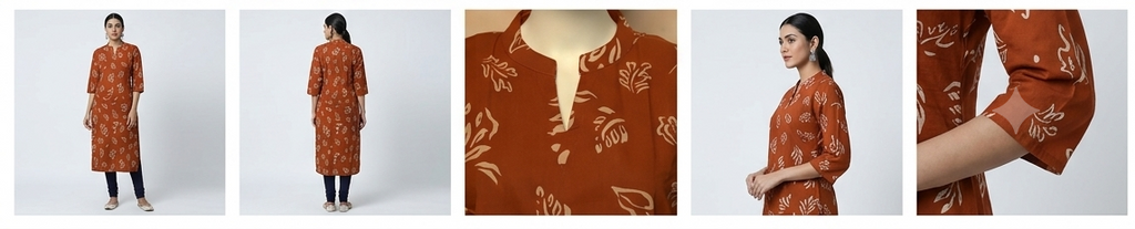 Women's Rust Brown Printed Cotton Blend Churidar Top | 3/4 Sleeves | Straight Fit | Top Only