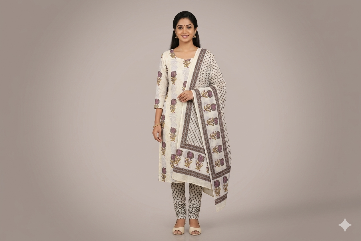 Elegant Floral Soft Cotton Dress Material Set with Dupatta – 44" Width | Top 2.5 Mtr & Bottom 2 Mtr