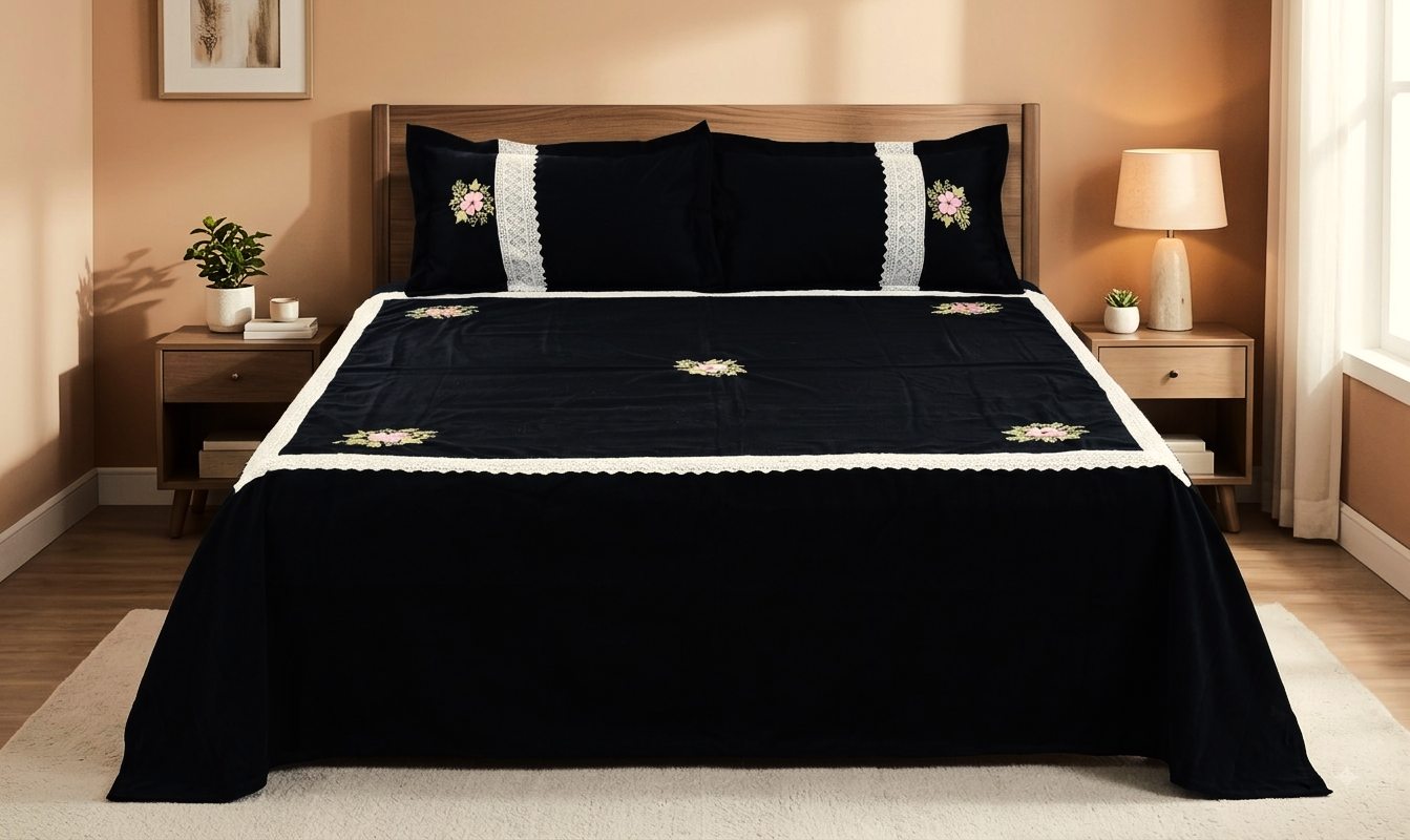 Black Cotton (satin finishing) King Size Bedspread with Floral Embroidery & Lace Border