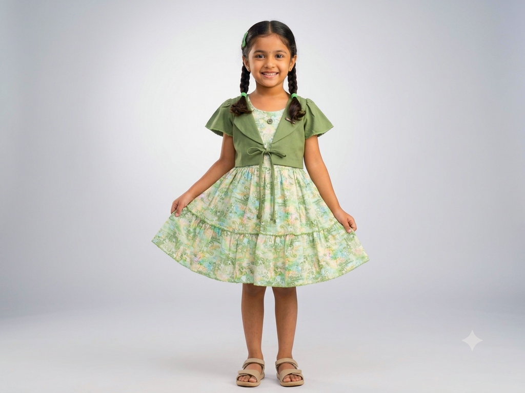 Girls Printed Frock with Olive Green Shrug – Stylish Kids Party Wear Dress