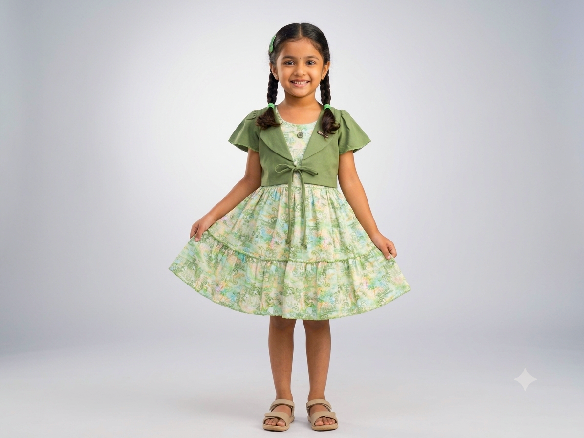 Girls Printed Frock with Olive Green Shrug – Stylish Kids Party Wear Dress