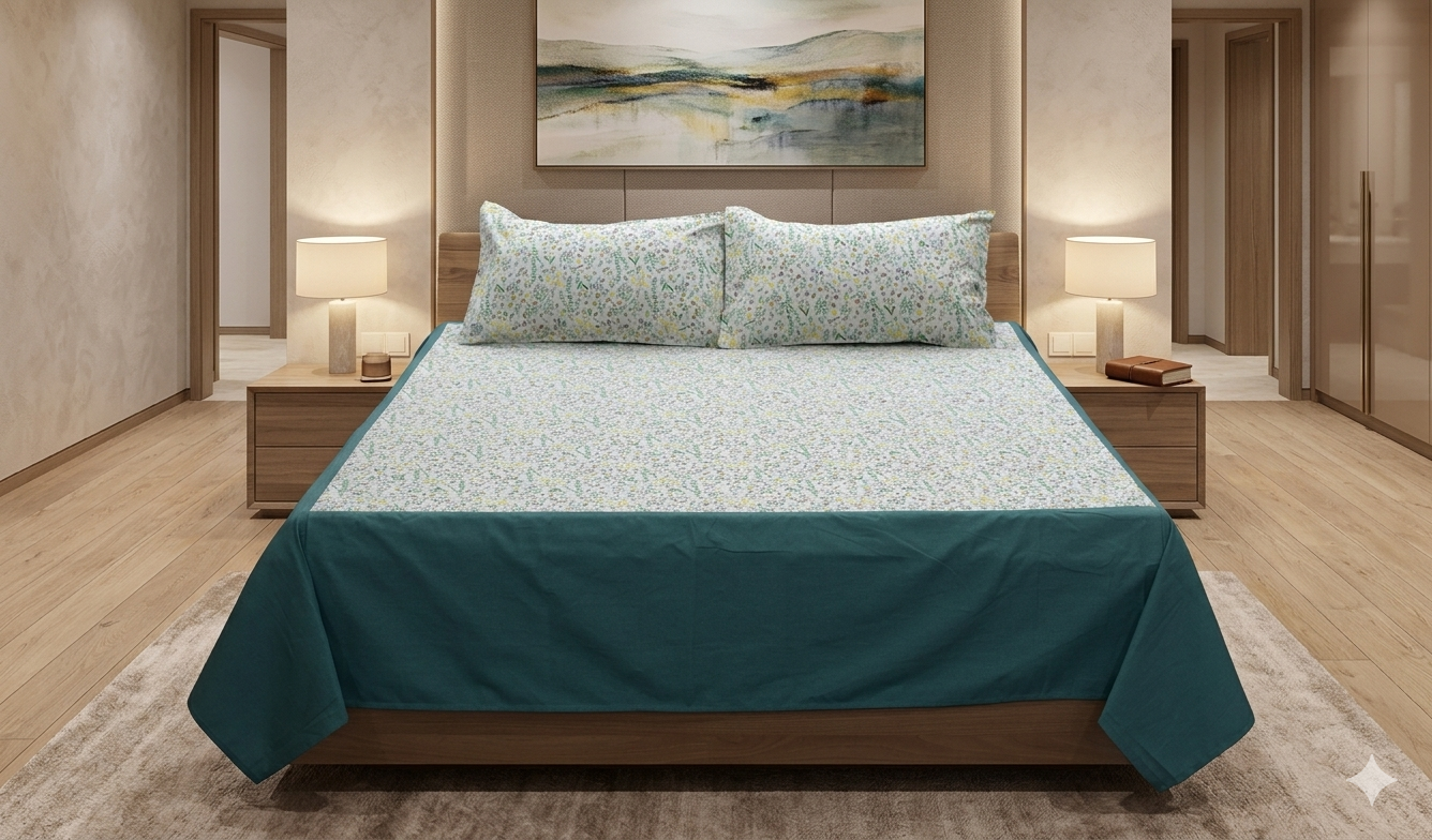 Queen Size Floral Bedspread Set with 2 Pillow Covers |  Cotton Feel | White & Sage Green Botanical Print